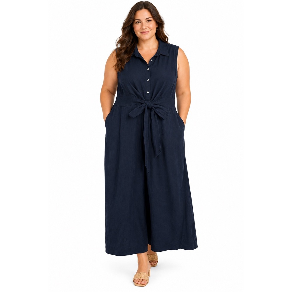 J.Jill Love Linen Navy Blue Sleeveless Tie Front Waist Midi Dress 3X